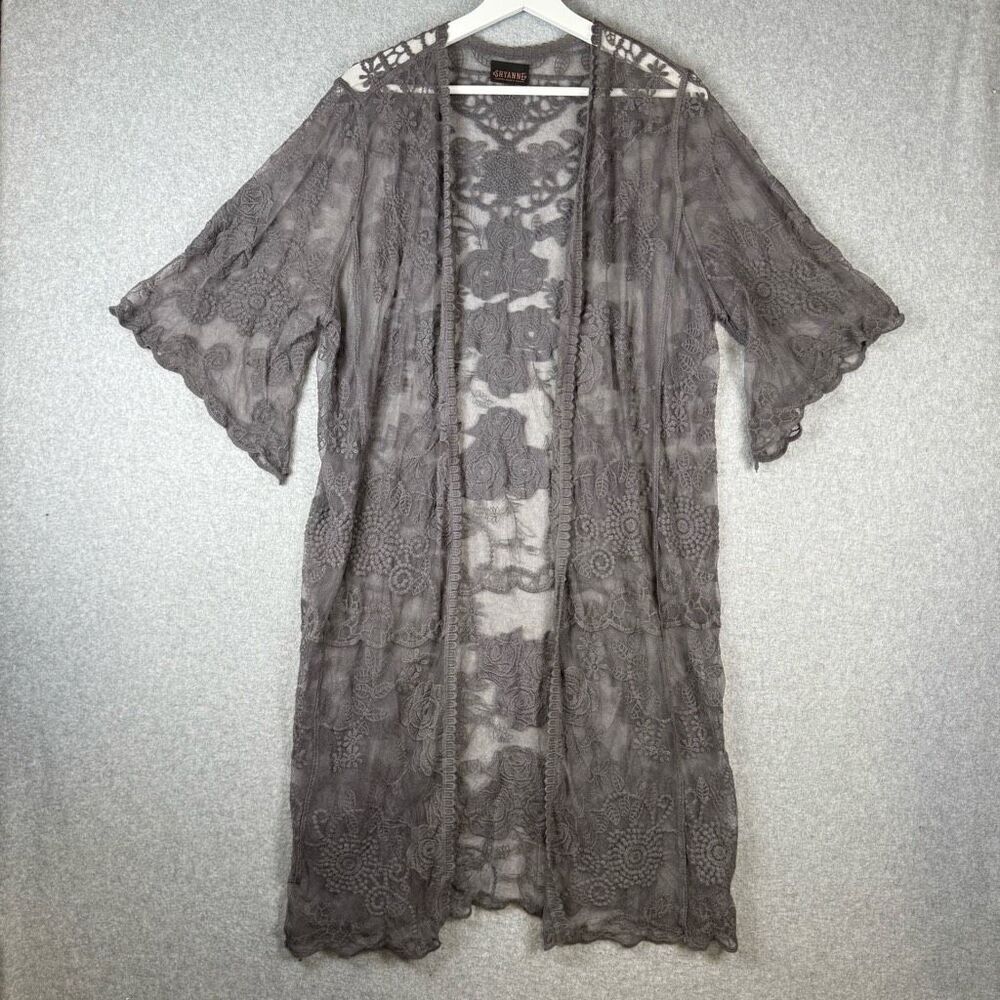 Shyanne Womens Size Large Lace Western Style Longline Duster Gray Bell Sleeves
